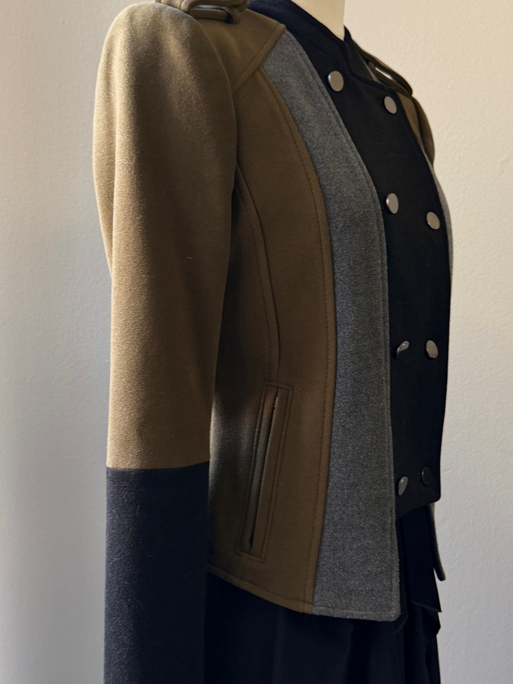 BCBGMAXAZRIA Womens Colorblock Military-Inspired Jacket - Olive, Black & Gray